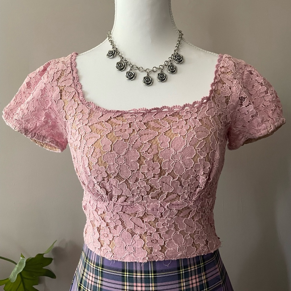 Blush Pink Floral Lace Square-Neck Crop Top